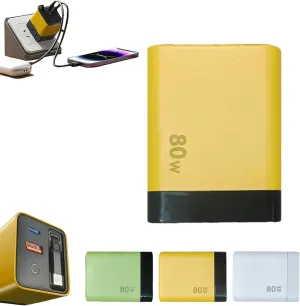 Tobre 3 in 1 Charger 80 Watt, 3 in 1 Gan Charger, Scalable 80w Max Fast Charger Module with Type-C Cable and 2 USB Ports, Retractable 80w Max All in One Charge for Phone, Laptops (Yellow)