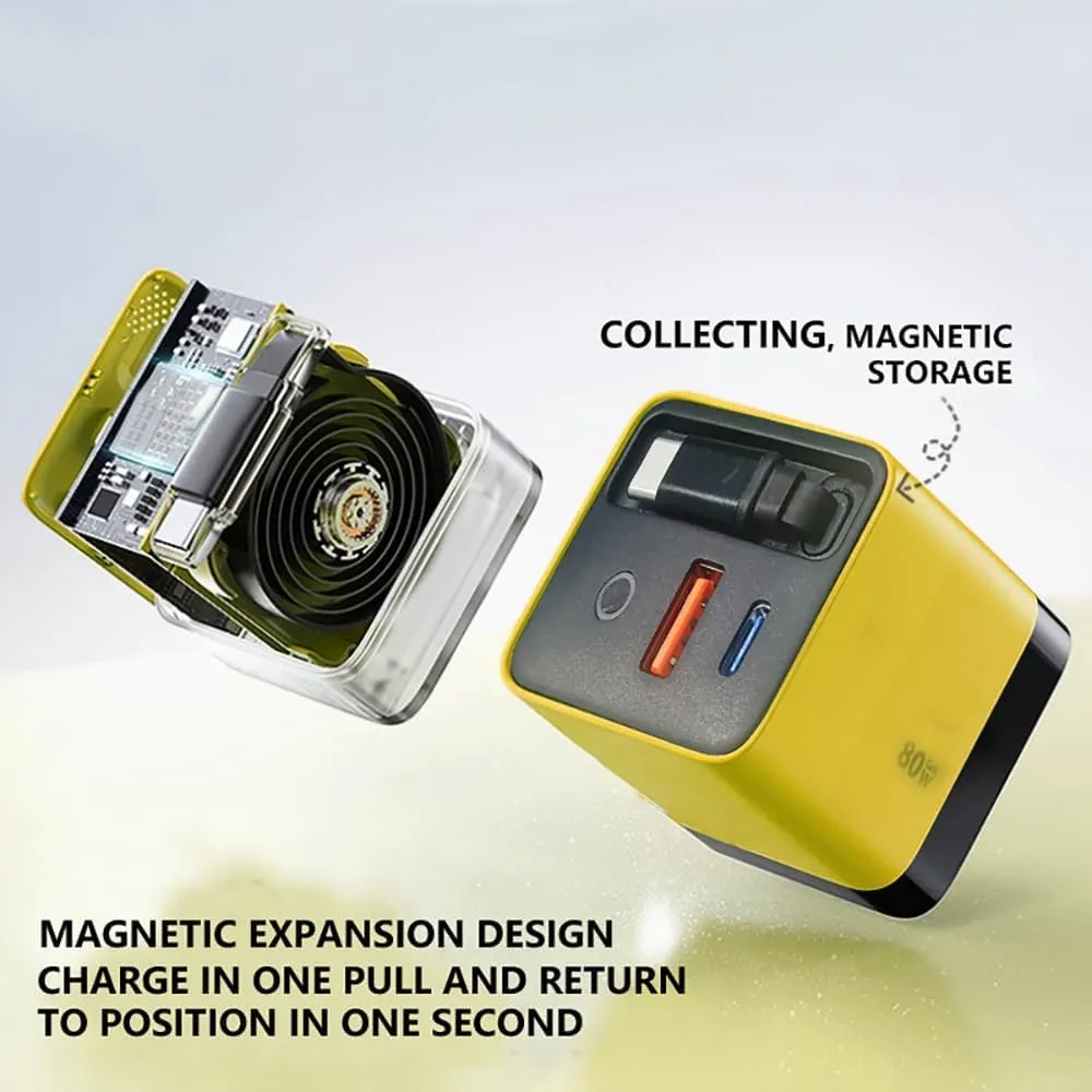 Tobre 3 in 1 Charger 80 Watt, Scalable 80w Max Fast Charger Module with Type-C Cable and 2 USB Ports, for iPhone, Phone, Laptops (Yellow Green)