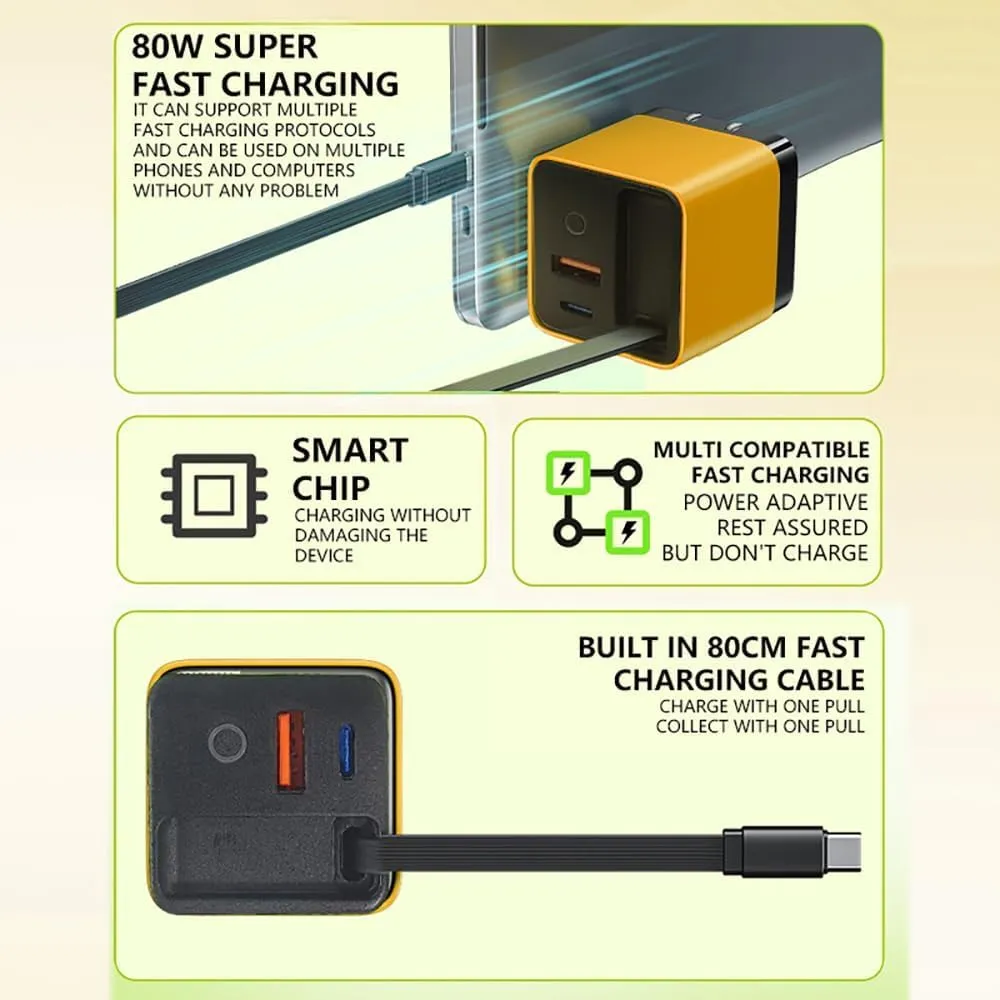 Tobre 3 in 1 Charger 80 Watt, Scalable 80w Max Fast Charger Module with Type-C Cable and 2 USB Ports, for iPhone, Phone, Laptops (Yellow Green)