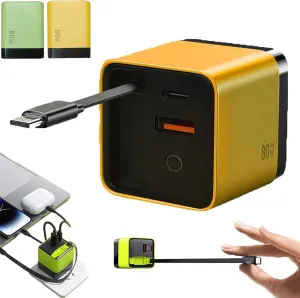 TOBREBE 3 in 1 Gan Charger, Retractable 80w Max Fast Charger Module with Type-c Cable and 2 USB Ports,Wall Plug Gan Charger for iPhone, Phone and Laptops (Yellow)