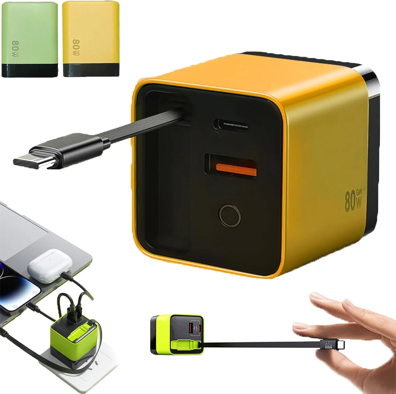 TOBREBE 3 in 1 Gan Charger, Retractable 80w Max Fast Charger Module with Type-c Cable and 2 USB Ports,Wall Plug Gan Charger for iPhone, Phone and Laptops (Yellow)