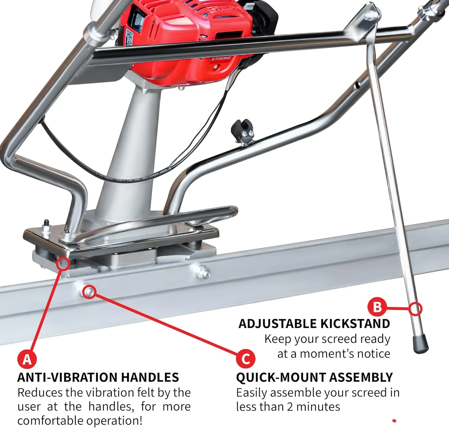 Tomahawk 1.6 HP Honda Gas Vibrating Concrete Power Screed Motor with 4ft Aluminum Magnesium Board Straight Edge Bar Set and 360° Handles with GX35 Honda Engine