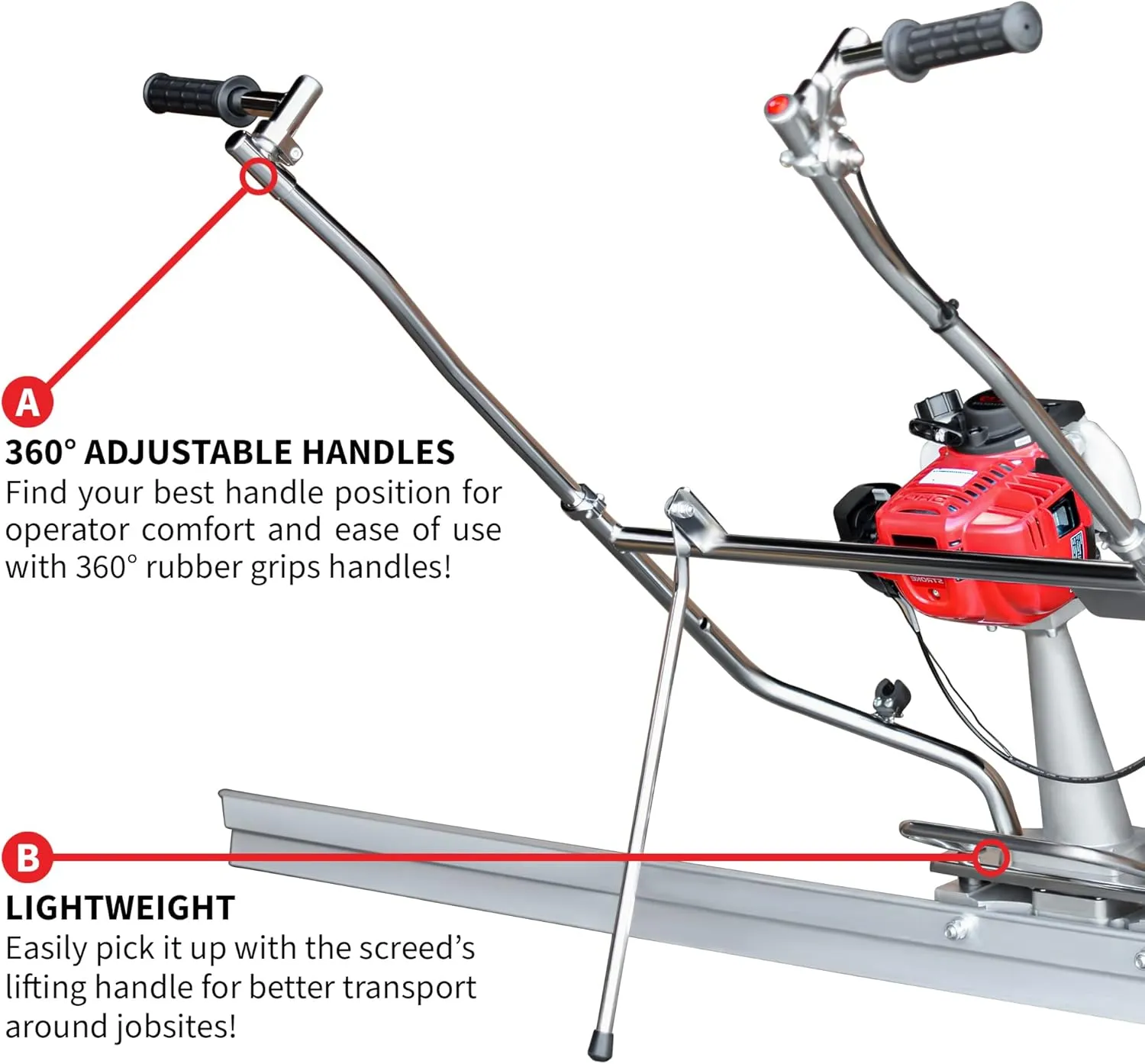 Tomahawk 1.6 HP Honda Gas Vibrating Concrete Power Screed Motor with 4ft Aluminum Magnesium Board Straight Edge Bar Set and 360° Handles with GX35 Honda Engine
