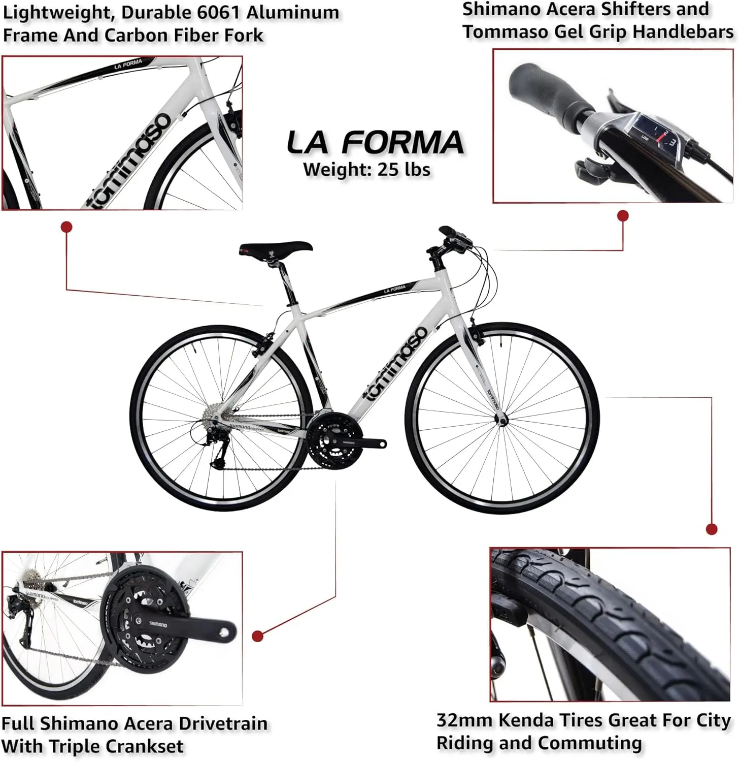 Tommaso La Forma Aluminum & Carbon Mens Hybrid Bike Women Road Bicycle Adult Bikes Womens