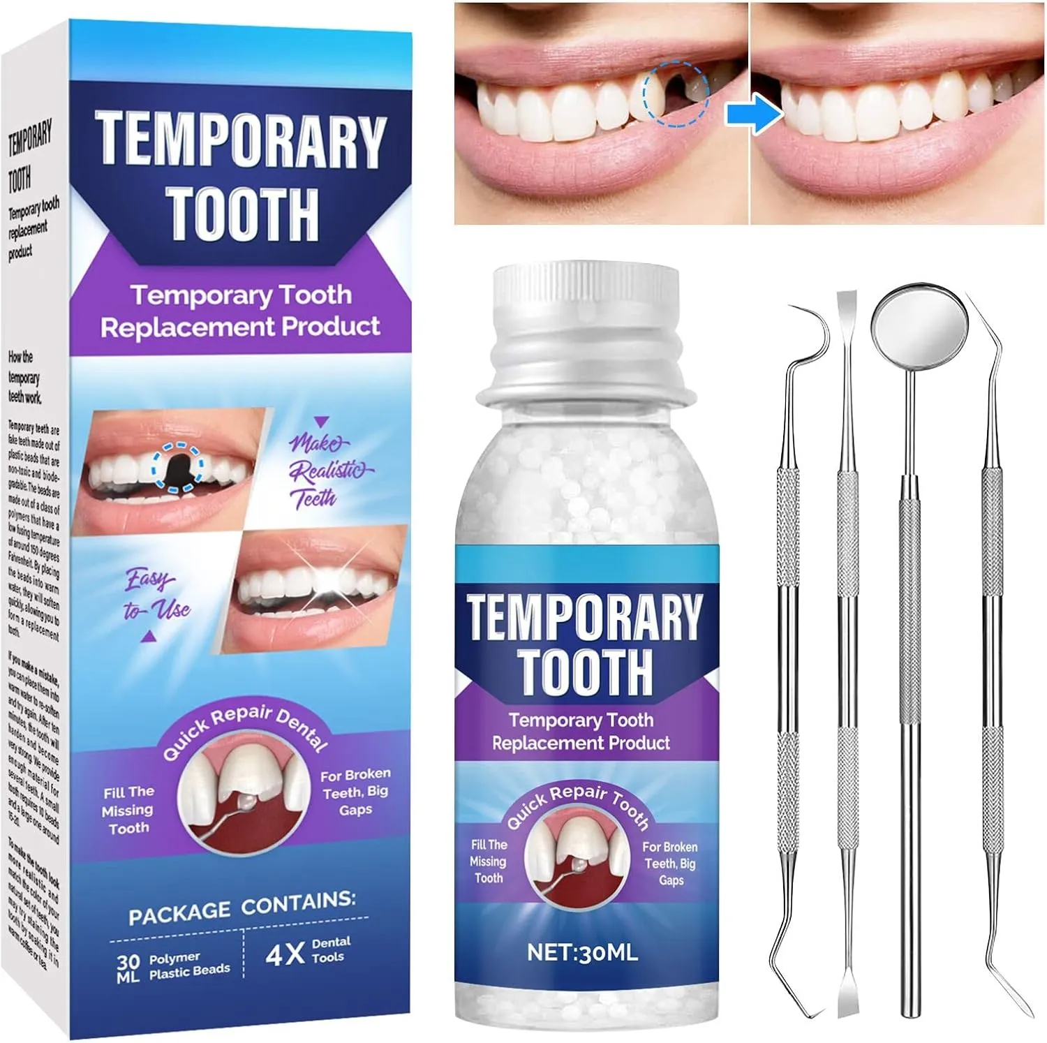 Tooth Repair Kit, Moldable Tooth Filling Repair Kit, Fake Teeth DIY at Home, Fixing Missing & Broken Tooth Replacements, with 4 Dental Tools