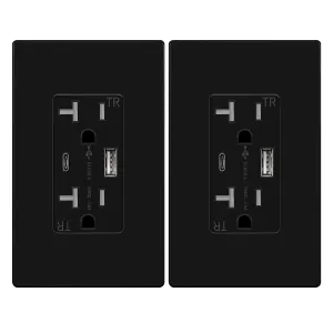TOPGREENER 2-Port USB Outlet, Type C USB Wall Charger Outlet, 20 Amp TR Receptacle Plug, Charging Power Outlet with USB Ports, Wall Plate Included, TU22036AC-BK-2PCS, Black, 2 Pack