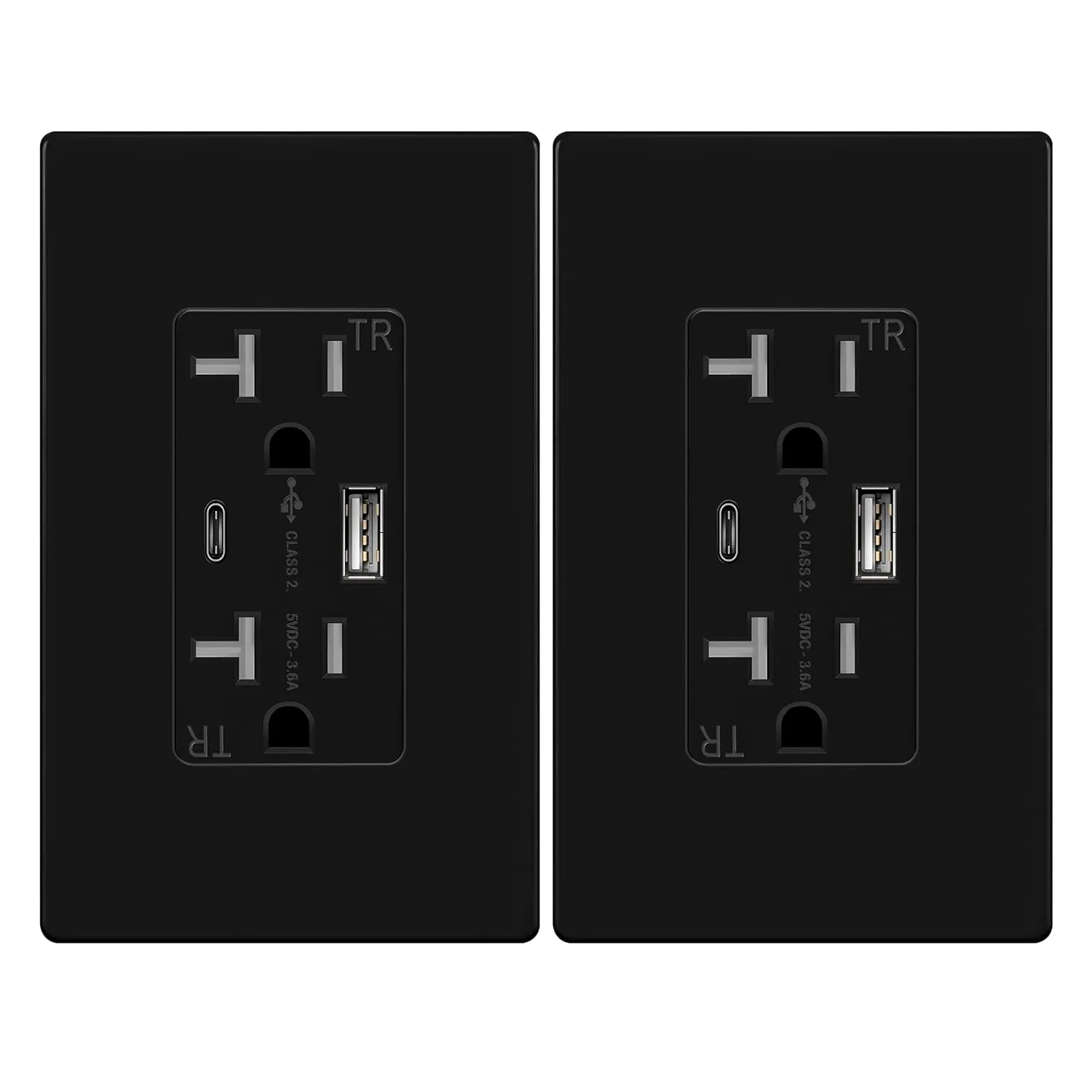 TOPGREENER 2-Port USB Outlet, Type C USB Wall Charger Outlet, 20 Amp TR Receptacle Plug, Charging Power Outlet with USB Ports, Wall Plate Included, TU22036AC-BK-2PCS, Black, 2 Pack