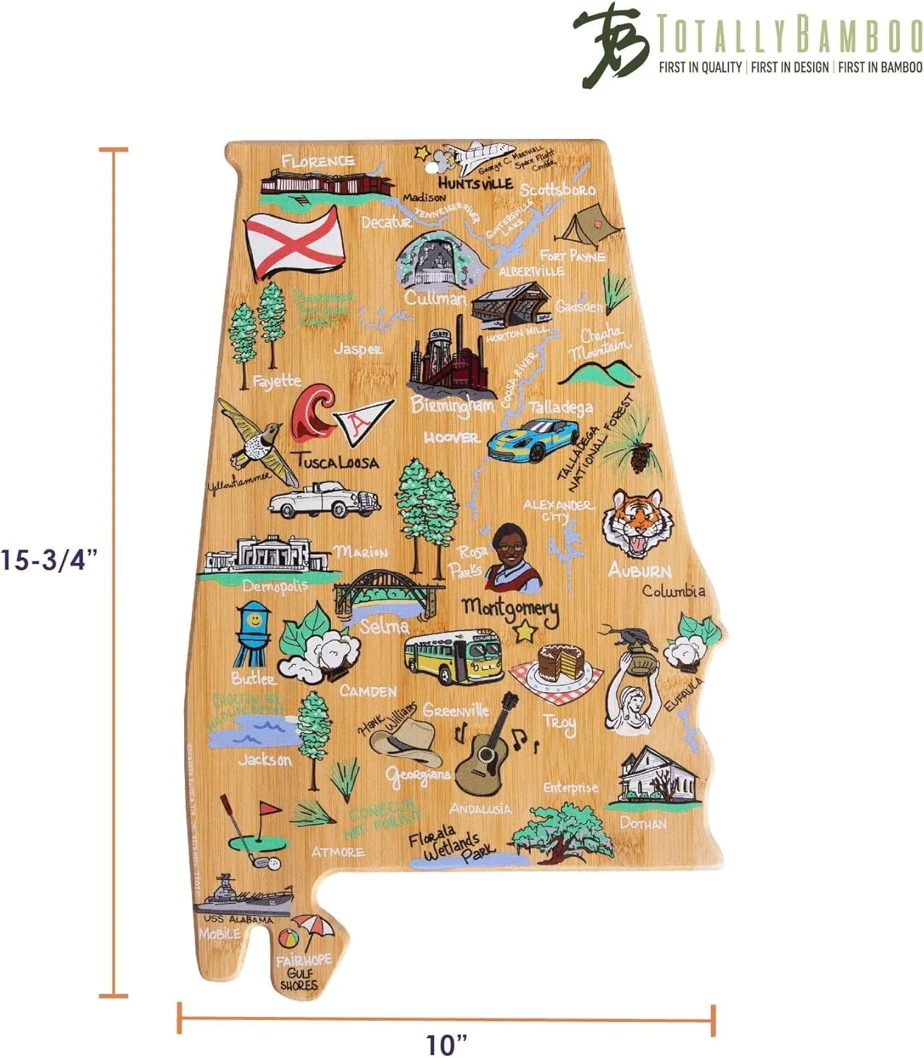 Totally Bamboo Alabama State Shaped Cutting Board and Charcuterie Serving Platter with Artwork by Fish Kiss, Includes Hang Tie for Wall Display