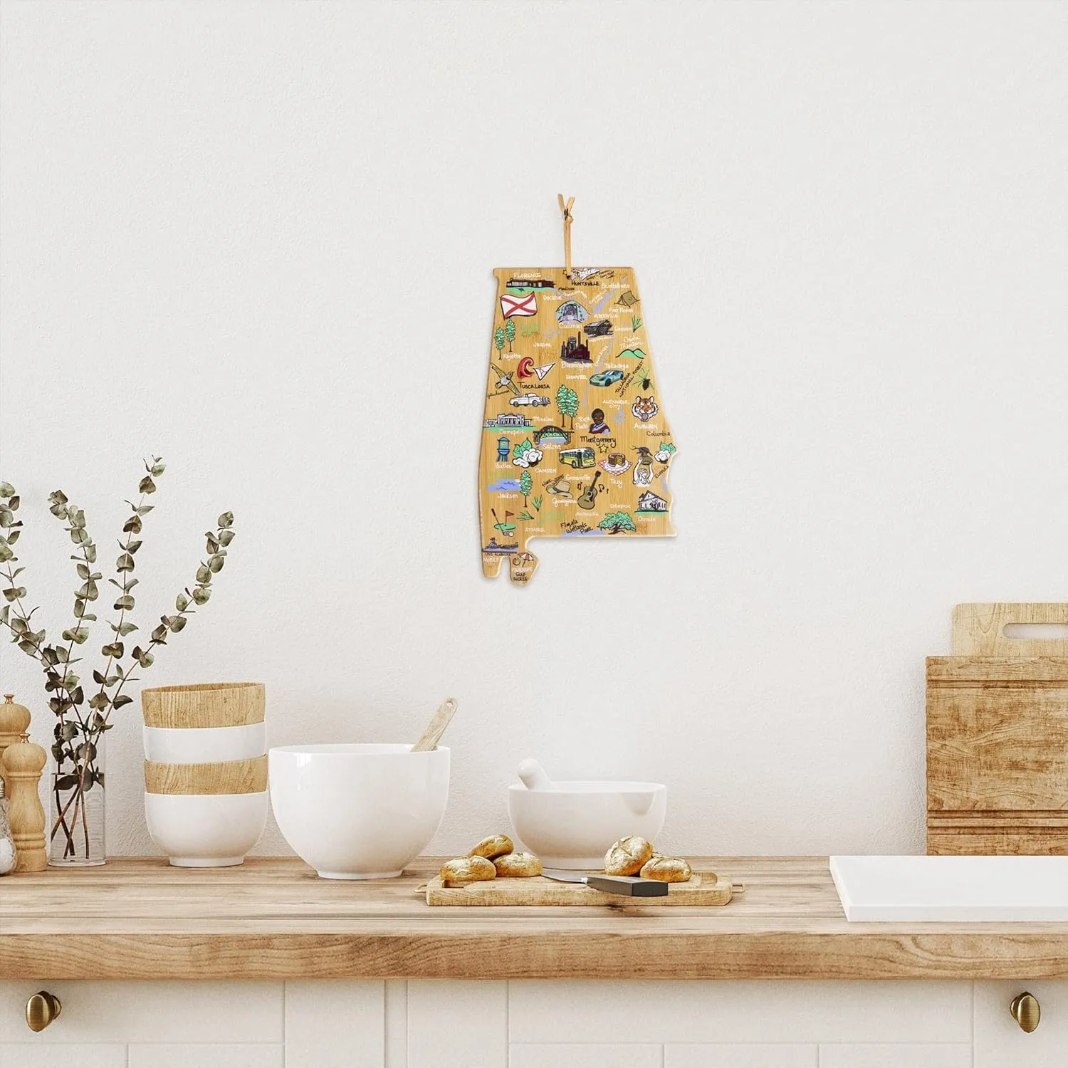 Totally Bamboo Alabama State Shaped Cutting Board and Charcuterie Serving Platter with Artwork by Fish Kiss, Includes Hang Tie for Wall Display