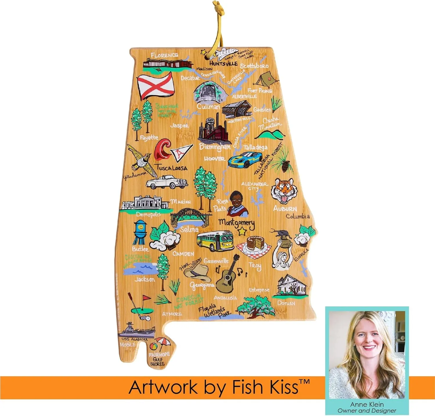 Totally Bamboo Alabama State Shaped Cutting Board and Charcuterie Serving Platter with Artwork by Fish Kiss, Includes Hang Tie for Wall Display
