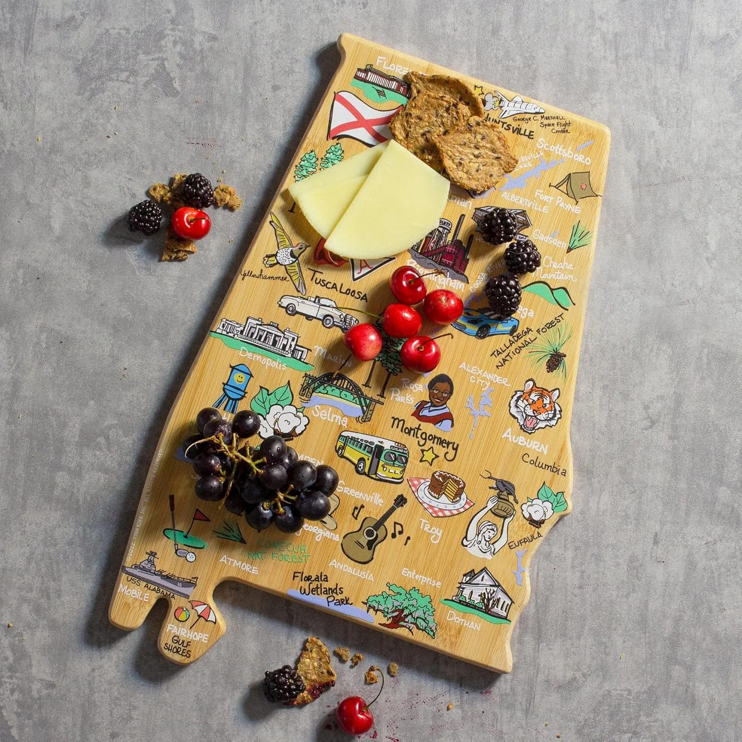 Totally Bamboo Alabama State Shaped Cutting Board and Charcuterie Serving Platter with Artwork by Fish Kiss, Includes Hang Tie for Wall Display