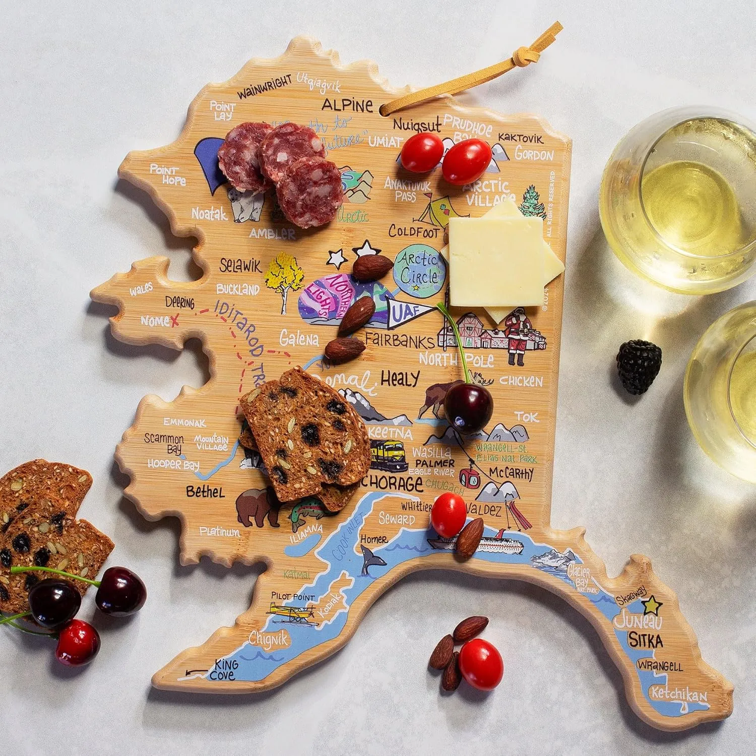 Totally Bamboo Alaska State Shaped Cutting Board and Charcuterie Serving Platter with Artwork by Fish Kiss, Includes Hang Tie for Wall Display