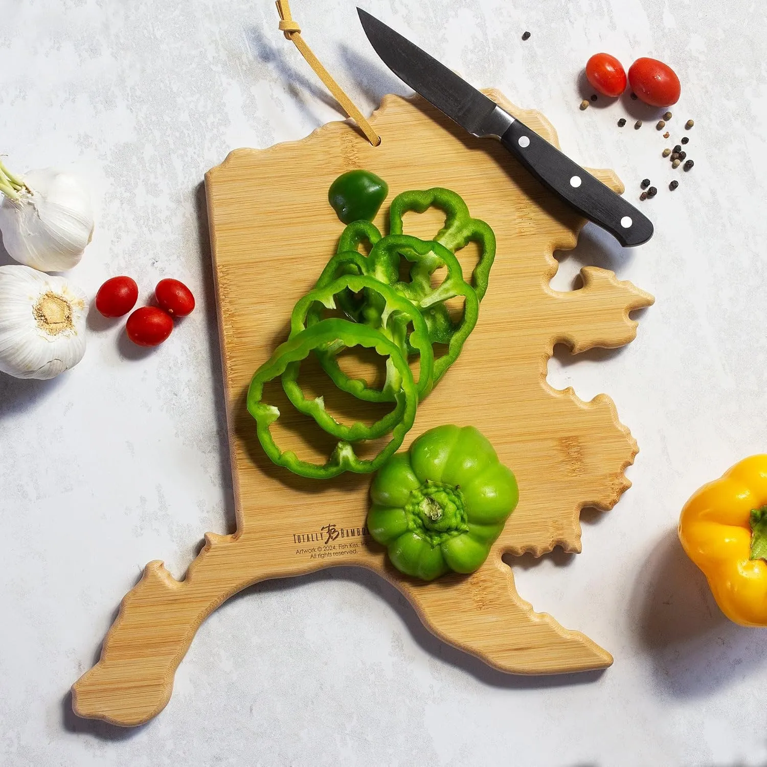 Totally Bamboo Alaska State Shaped Cutting Board and Charcuterie Serving Platter with Artwork by Fish Kiss, Includes Hang Tie for Wall Display