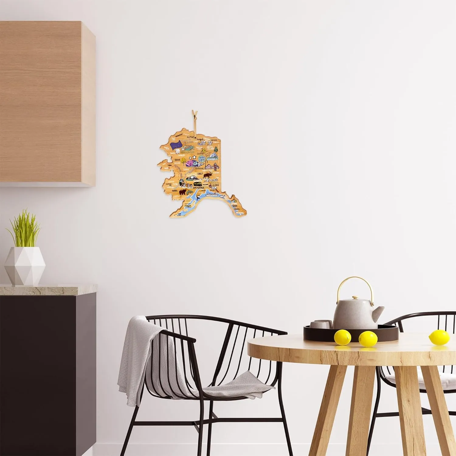 Totally Bamboo Alaska State Shaped Cutting Board and Charcuterie Serving Platter with Artwork by Fish Kiss, Includes Hang Tie for Wall Display