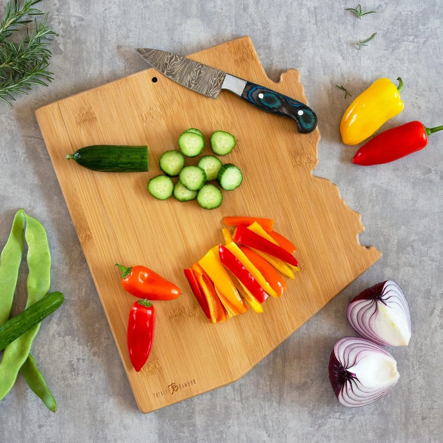 Totally Bamboo Arizona State Shaped Cutting Board and Charcuterie Serving Platter with Artwork by Fish Kiss, Includes Hang Tie for Wall Display