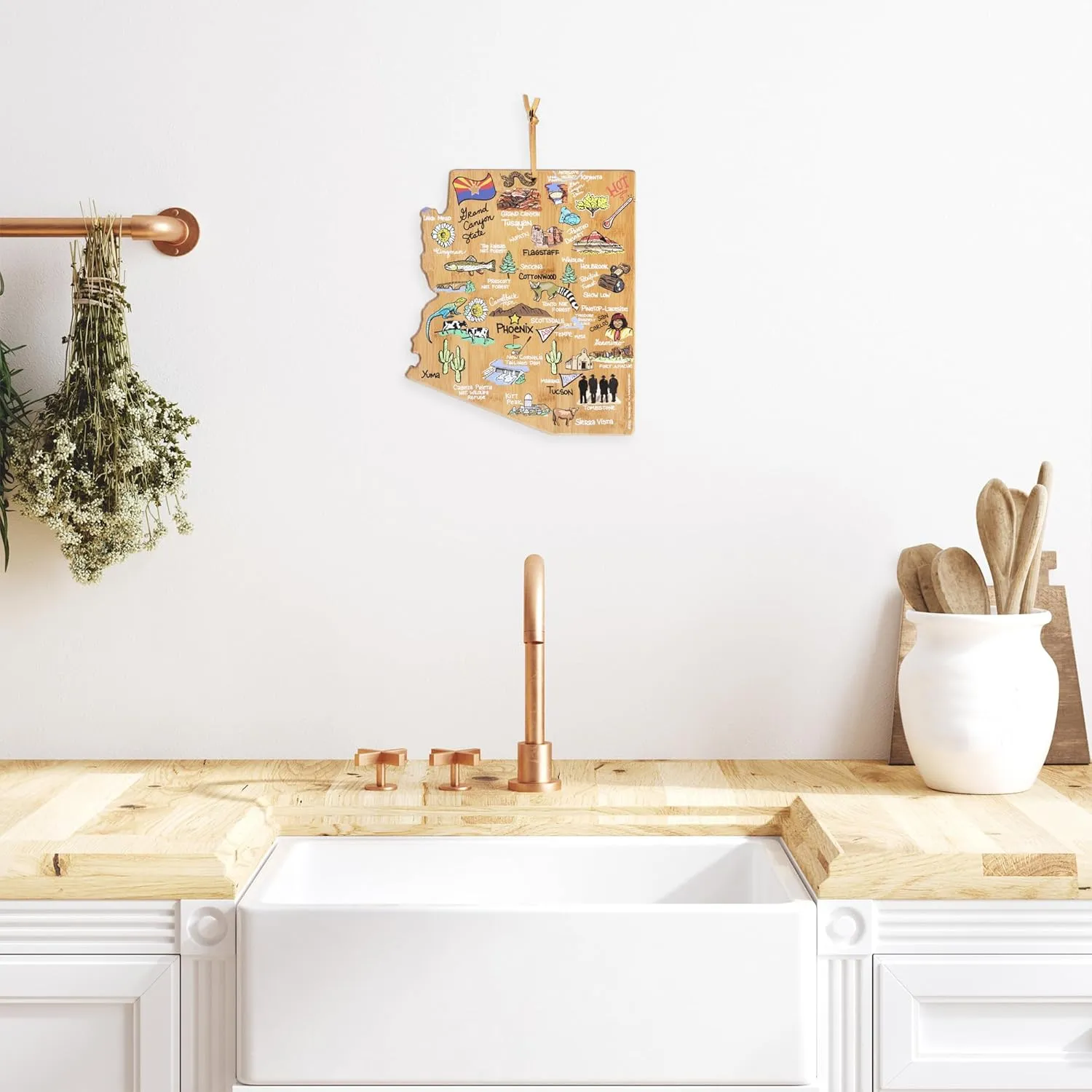 Totally Bamboo Arizona State Shaped Cutting Board and Charcuterie Serving Platter with Artwork by Fish Kiss, Includes Hang Tie for Wall Display