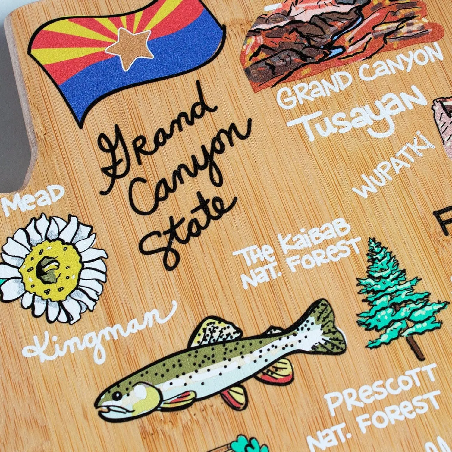 Totally Bamboo Arizona State Shaped Cutting Board and Charcuterie Serving Platter with Artwork by Fish Kiss, Includes Hang Tie for Wall Display