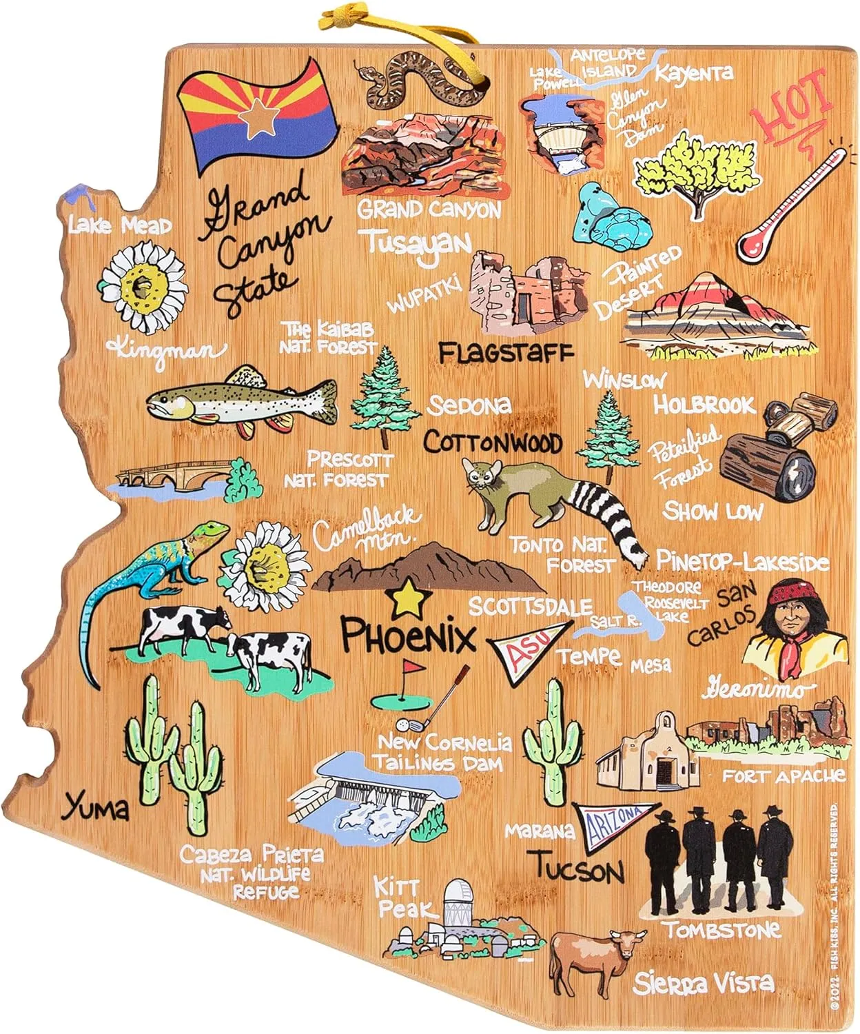 Totally Bamboo Arizona State Shaped Cutting Board and Charcuterie Serving Platter with Artwork by Fish Kiss, Includes Hang Tie for Wall Display