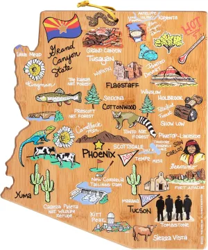 Totally Bamboo Arizona State Shaped Cutting Board and Charcuterie Serving Platter with Artwork by Fish Kiss, Includes Hang Tie for Wall Display