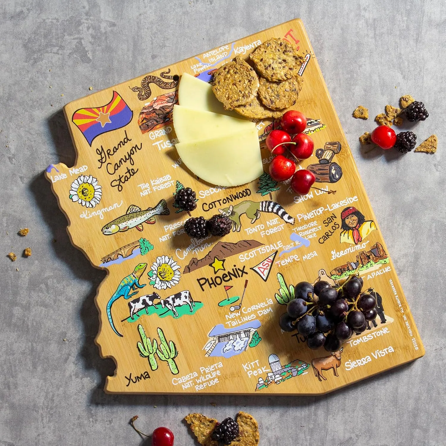 Totally Bamboo Arizona State Shaped Cutting Board and Charcuterie Serving Platter with Artwork by Fish Kiss, Includes Hang Tie for Wall Display