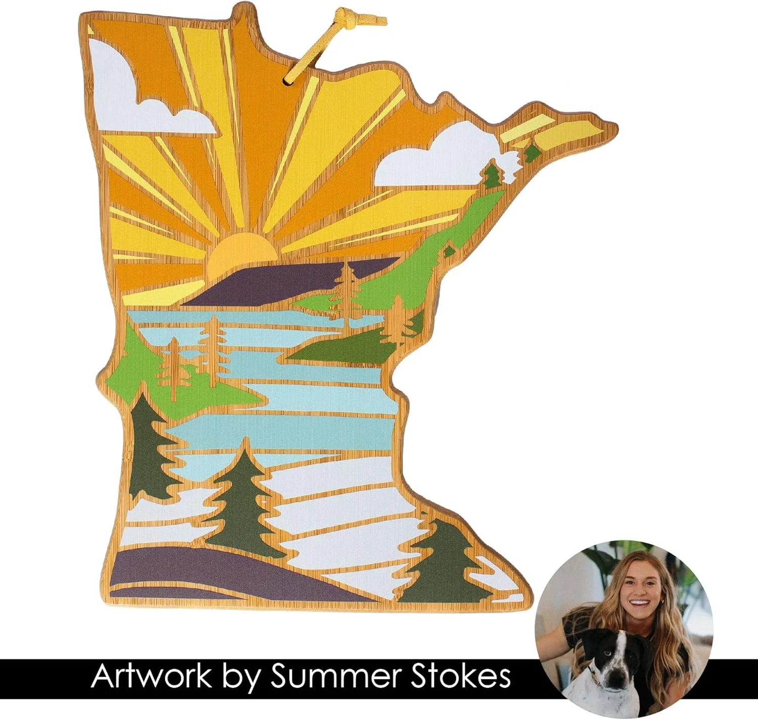 Totally Bamboo Minnesota State Shaped Cutting Board and Charcuterie Serving Platter with Artwork by Summer Stokes, Includes Hang Tie for Wall Display 11-3/4" x 13-1/4" x 5/8"