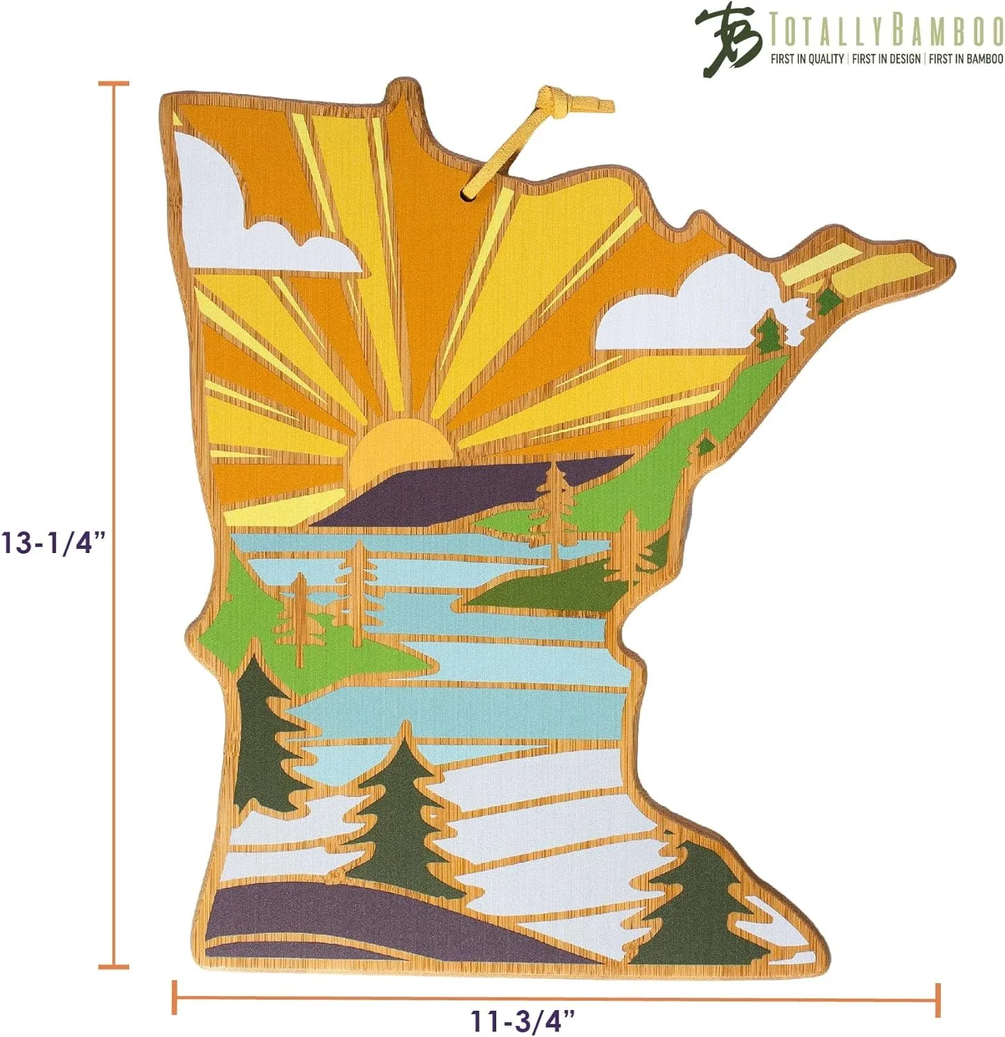 Totally Bamboo Minnesota State Shaped Cutting Board and Charcuterie Serving Platter with Artwork by Summer Stokes, Includes Hang Tie for Wall Display 11-3/4" x 13-1/4" x 5/8"