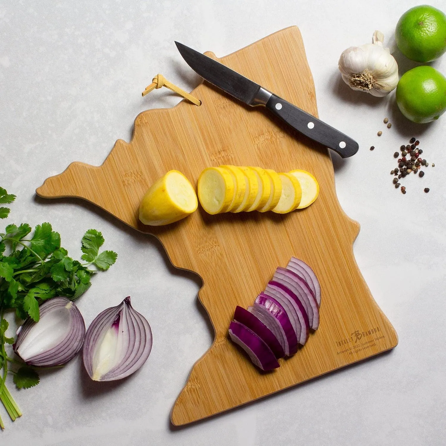 Totally Bamboo Minnesota State Shaped Cutting Board and Charcuterie Serving Platter with Artwork by Summer Stokes, Includes Hang Tie for Wall Display 11-3/4" x 13-1/4" x 5/8"