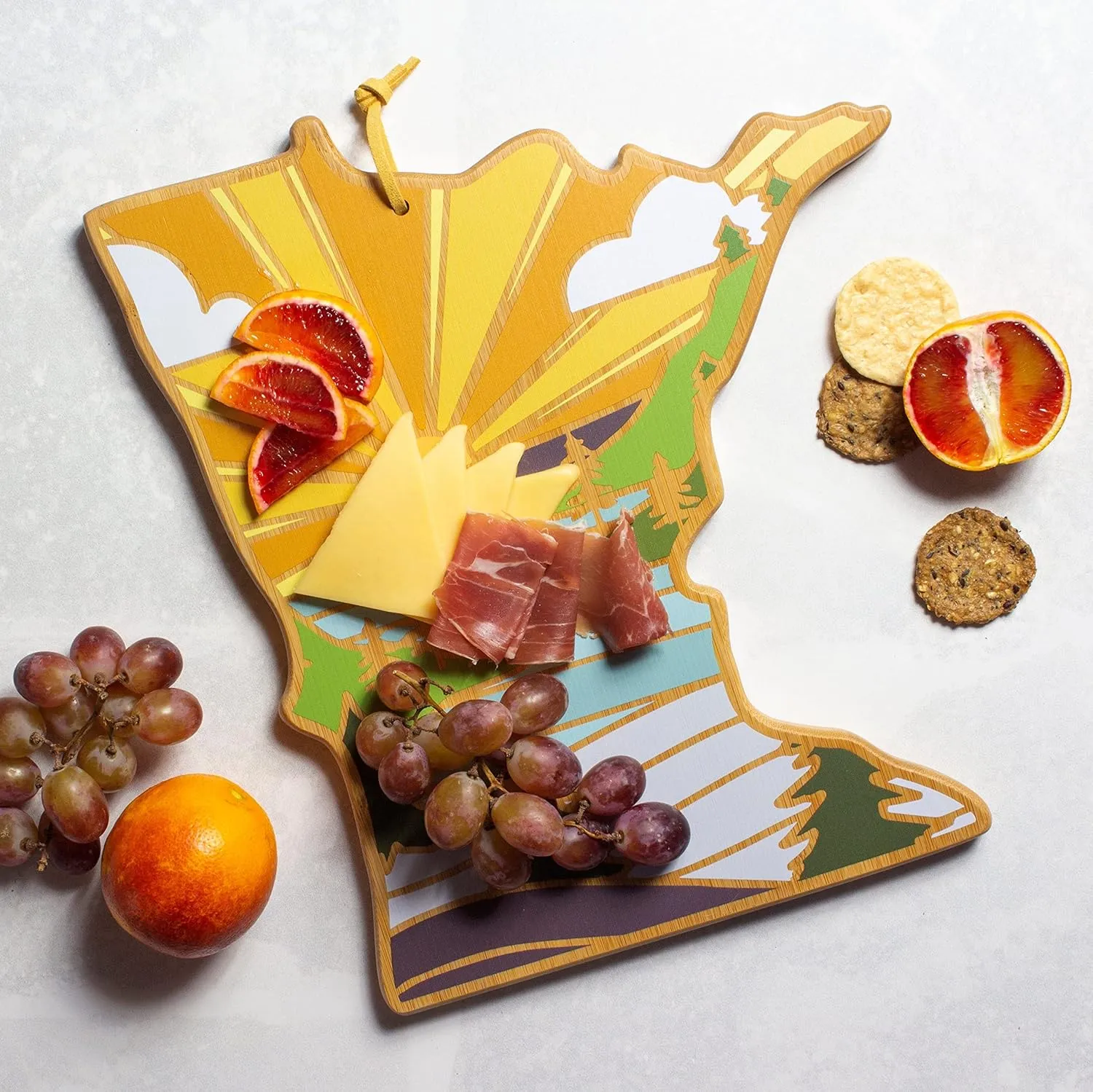 Totally Bamboo Minnesota State Shaped Cutting Board and Charcuterie Serving Platter with Artwork by Summer Stokes, Includes Hang Tie for Wall Display 11-3/4" x 13-1/4" x 5/8"