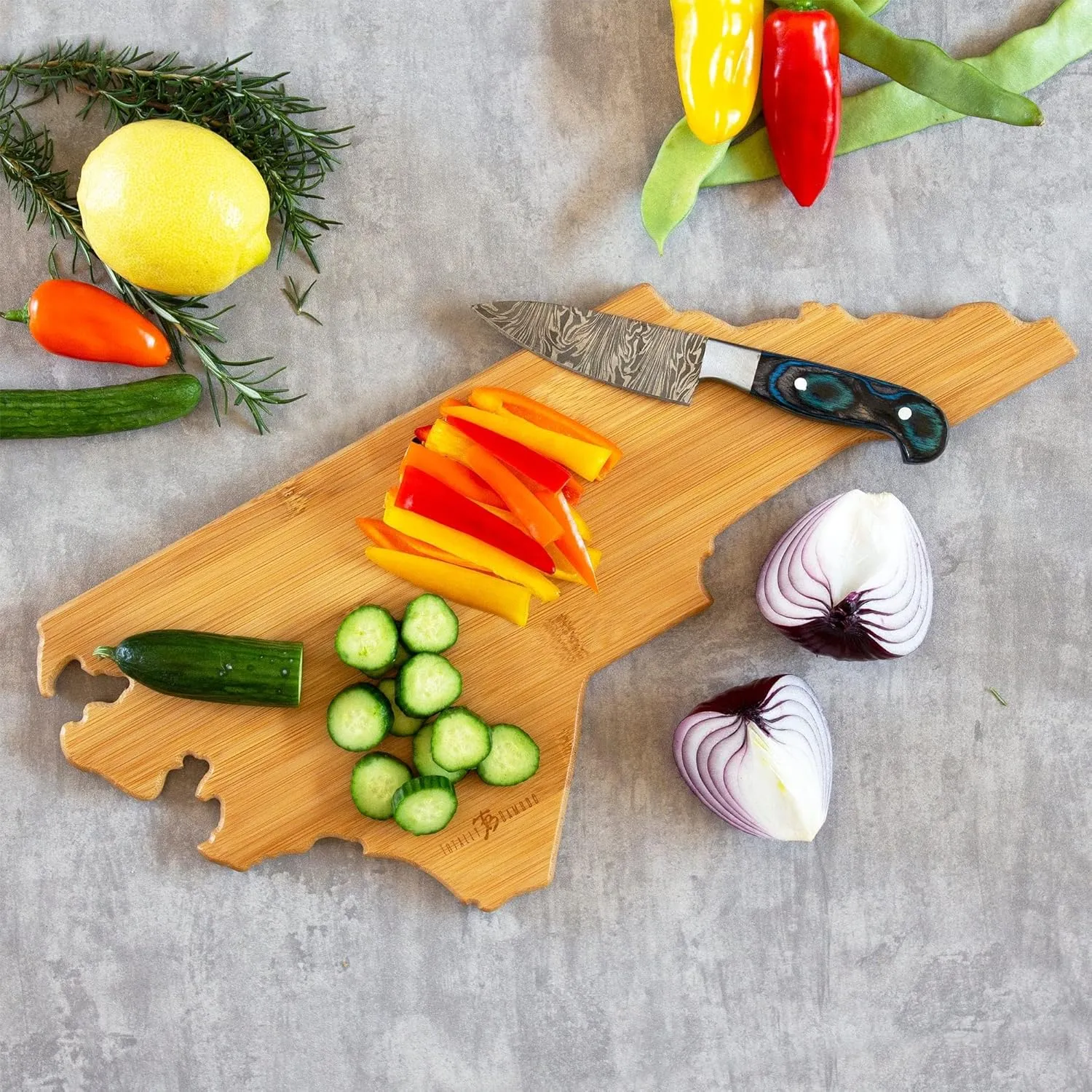 Totally Bamboo North Carolina State Shaped Cutting Board and Charcuterie Serving Platter with Artwork by Fish Kiss, Includes Hang Tie for Wall Display