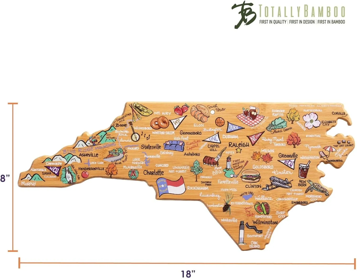 Totally Bamboo North Carolina State Shaped Cutting Board and Charcuterie Serving Platter with Artwork by Fish Kiss, Includes Hang Tie for Wall Display