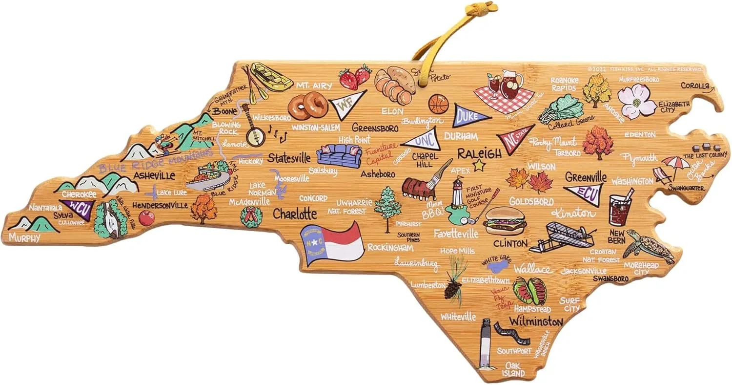 Totally Bamboo North Carolina State Shaped Cutting Board and Charcuterie Serving Platter with Artwork by Fish Kiss, Includes Hang Tie for Wall Display