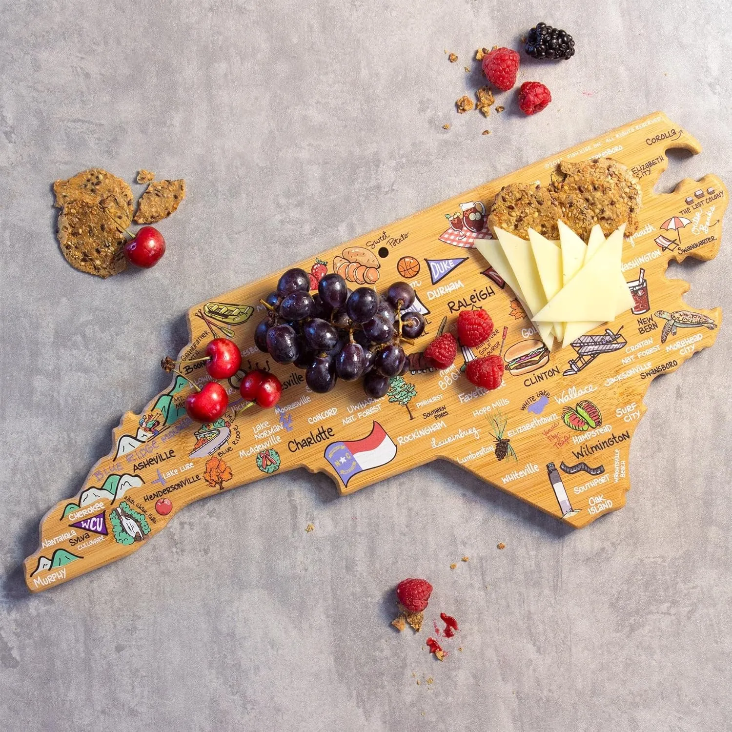 Totally Bamboo North Carolina State Shaped Cutting Board and Charcuterie Serving Platter with Artwork by Fish Kiss, Includes Hang Tie for Wall Display