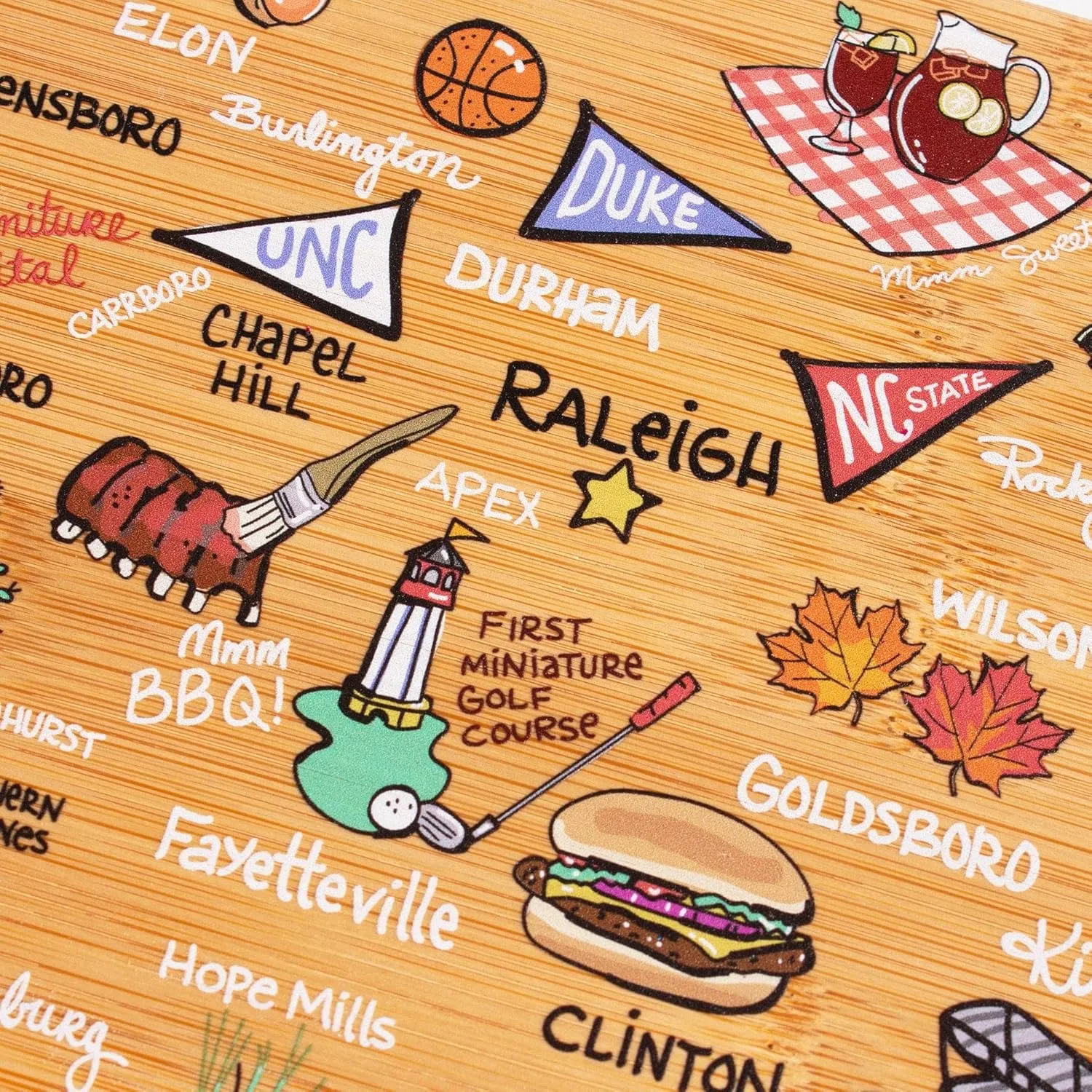 Totally Bamboo North Carolina State Shaped Cutting Board and Charcuterie Serving Platter with Artwork by Fish Kiss, Includes Hang Tie for Wall Display