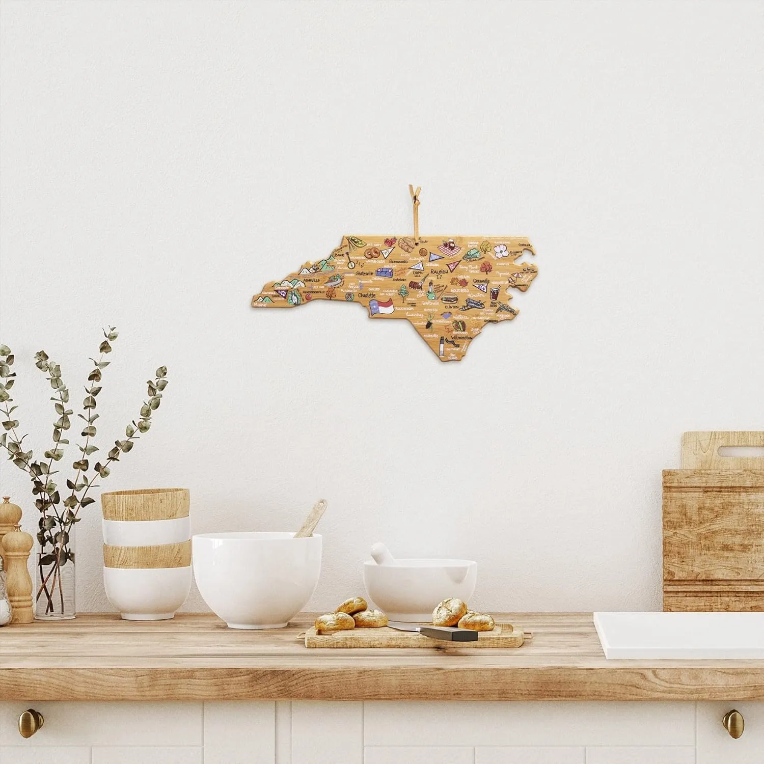 Totally Bamboo North Carolina State Shaped Cutting Board and Charcuterie Serving Platter with Artwork by Fish Kiss, Includes Hang Tie for Wall Display
