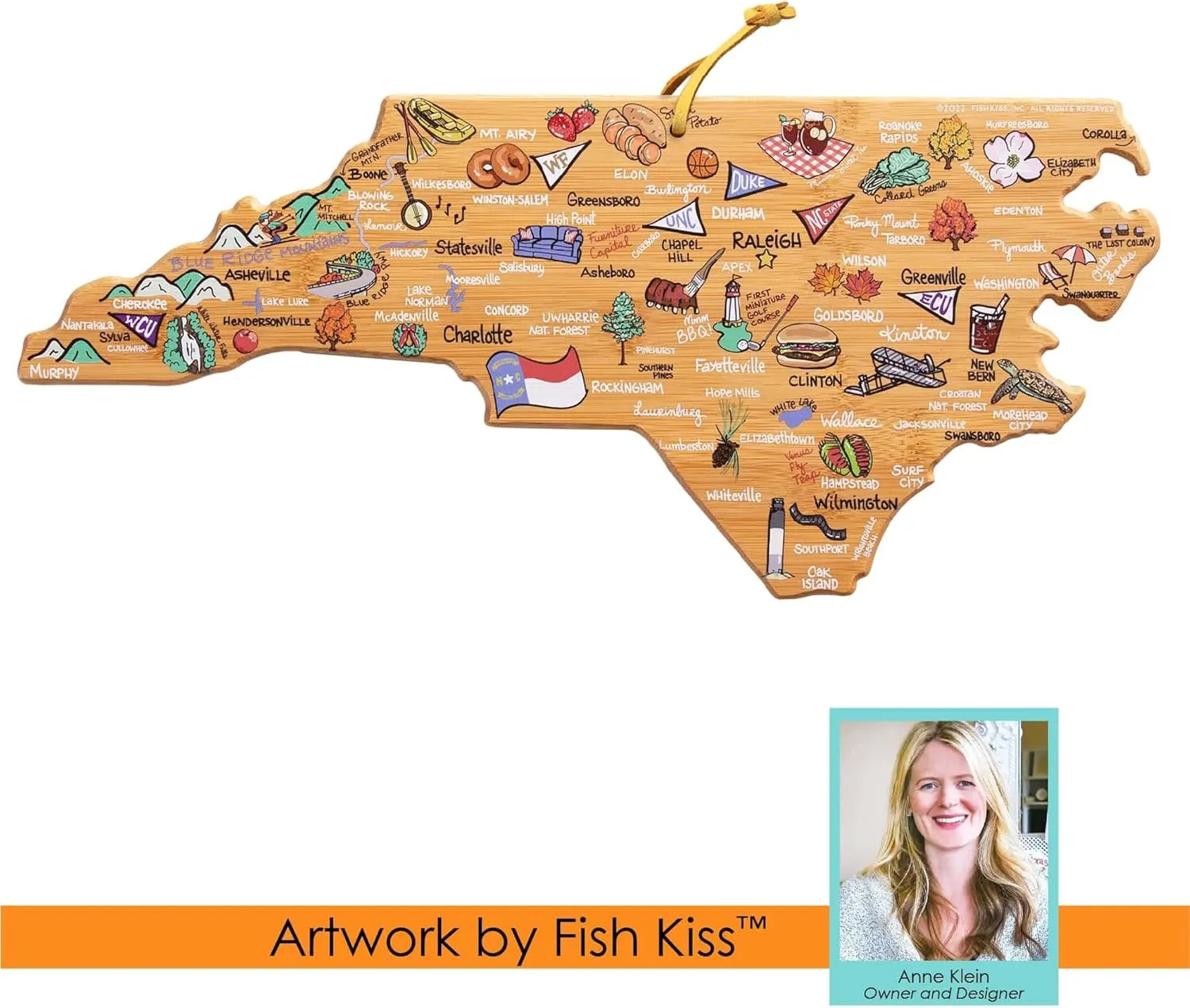 Totally Bamboo North Carolina State Shaped Cutting Board and Charcuterie Serving Platter with Artwork by Fish Kiss, Includes Hang Tie for Wall Display