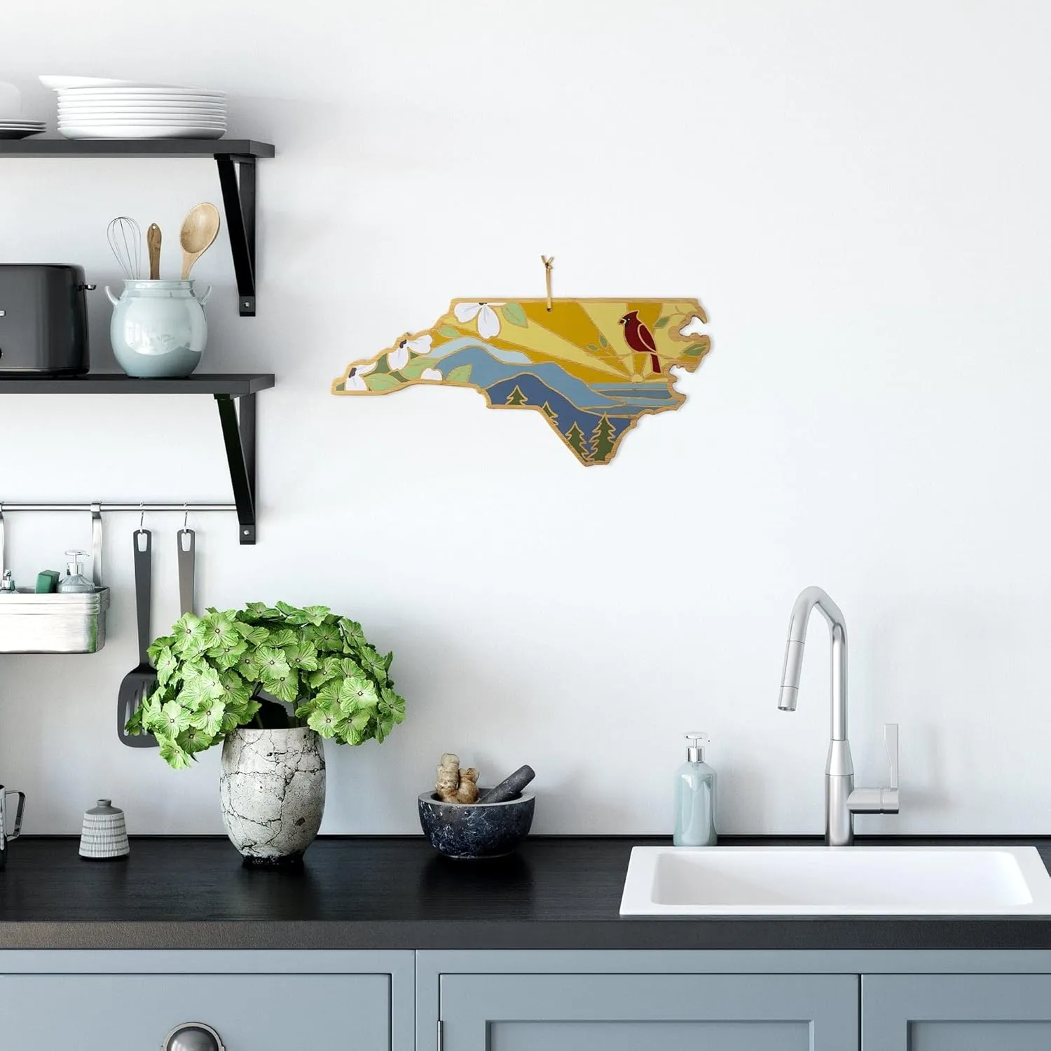 Totally Bamboo North Carolina State Shaped Cutting Board and Charcuterie Serving Platter with Artwork by Summer Stokes, Includes Hang Tie for Wall Display 18" x 8" x 5/8"