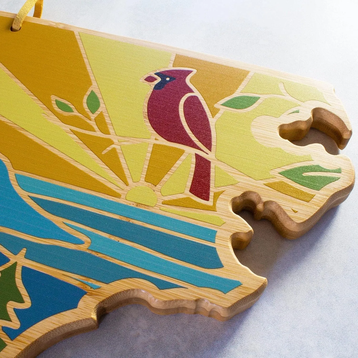 Totally Bamboo North Carolina State Shaped Cutting Board and Charcuterie Serving Platter with Artwork by Summer Stokes, Includes Hang Tie for Wall Display 18" x 8" x 5/8"