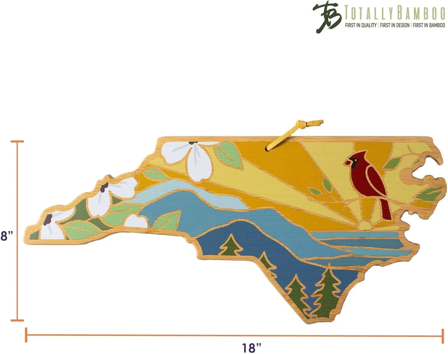 Totally Bamboo North Carolina State Shaped Cutting Board and Charcuterie Serving Platter with Artwork by Summer Stokes, Includes Hang Tie for Wall Display 18" x 8" x 5/8"