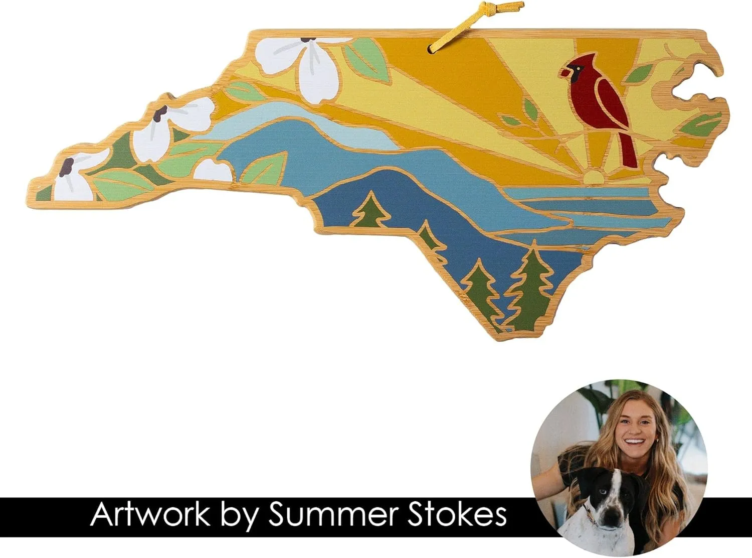 Totally Bamboo North Carolina State Shaped Cutting Board and Charcuterie Serving Platter with Artwork by Summer Stokes, Includes Hang Tie for Wall Display 18" x 8" x 5/8"