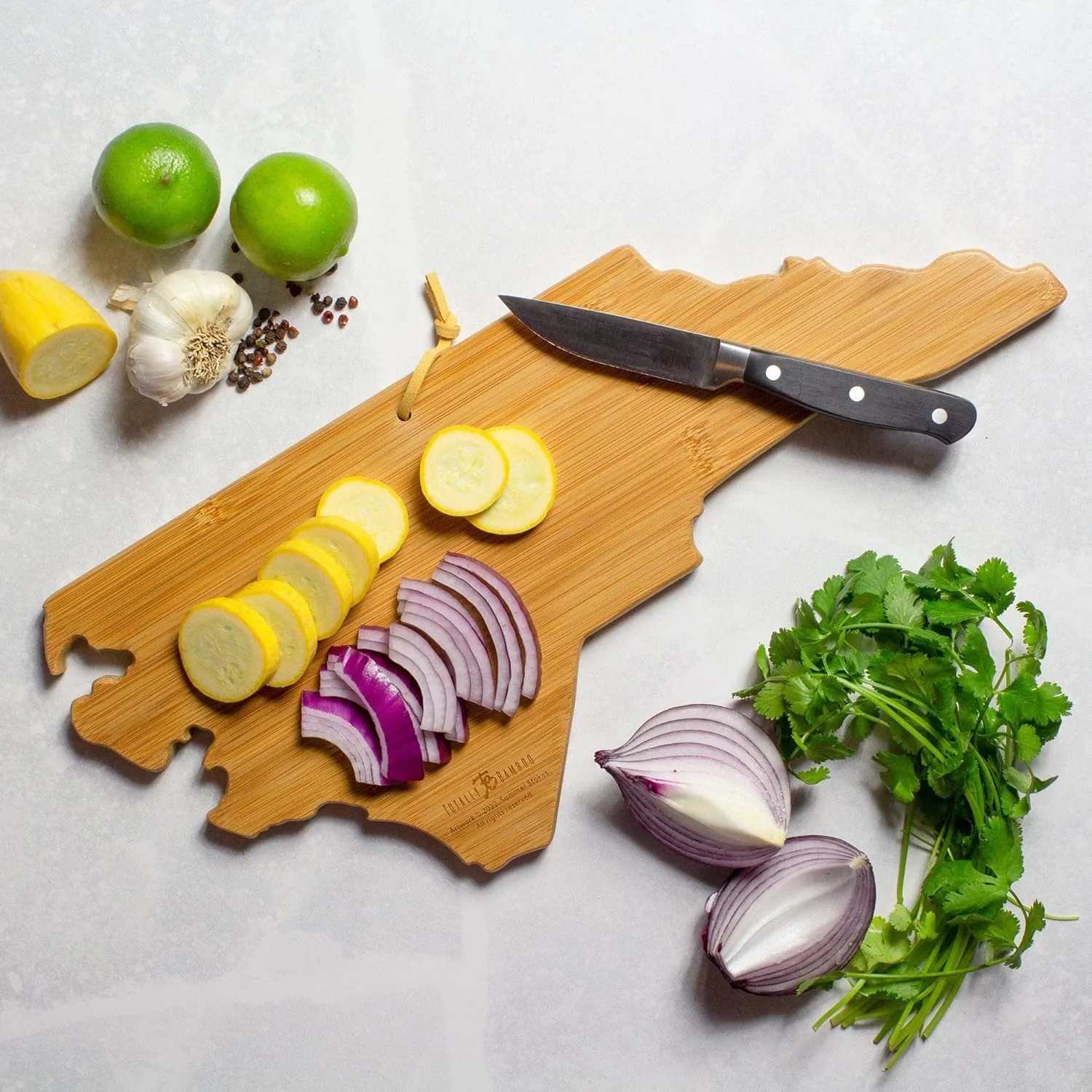 Totally Bamboo North Carolina State Shaped Cutting Board and Charcuterie Serving Platter with Artwork by Summer Stokes, Includes Hang Tie for Wall Display 18" x 8" x 5/8"