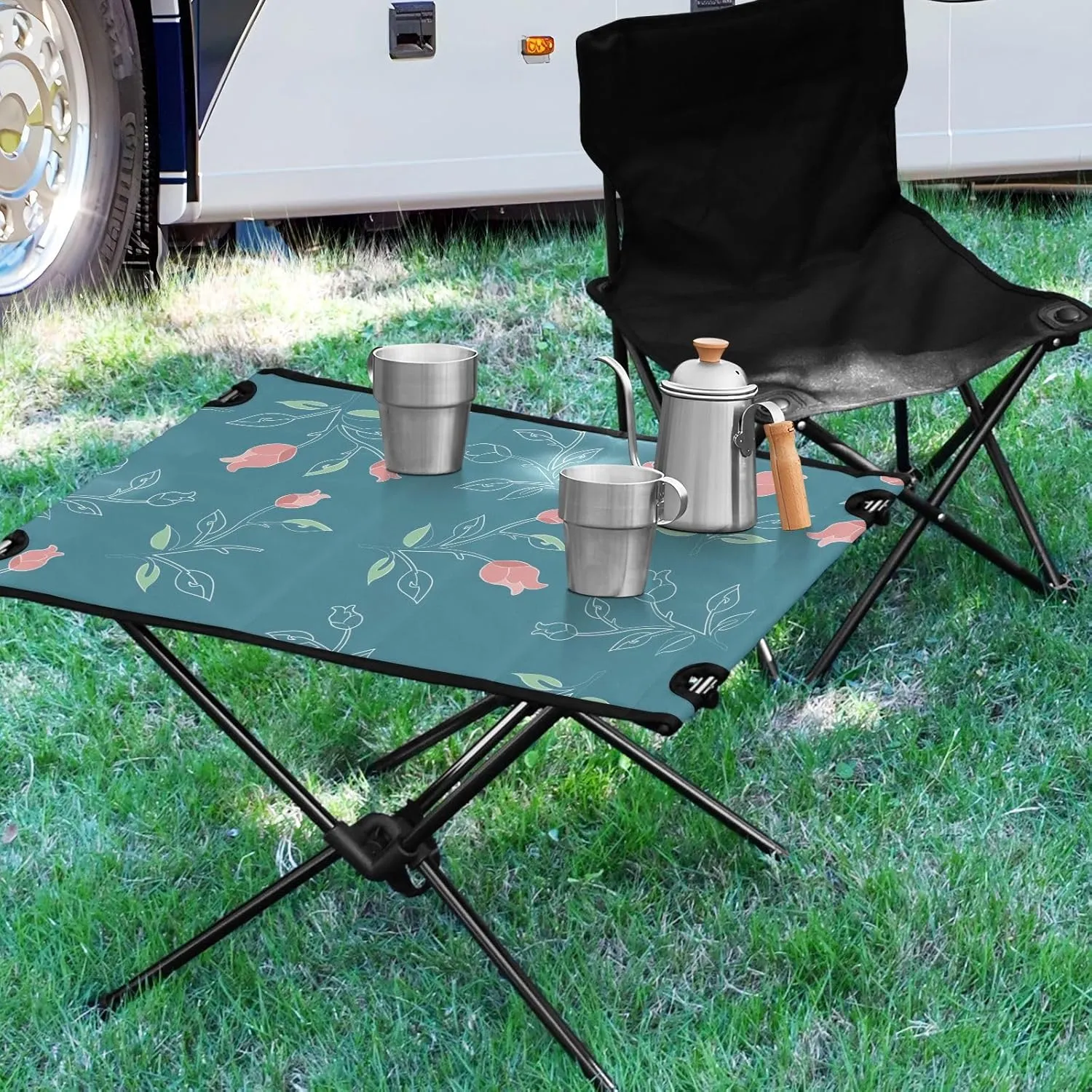 Tray Table Cute Pink Floral Retro Blue Sturdy Outdoor Folding Tables with Carrying Bag for Outdoor Dining Cooking Picnic