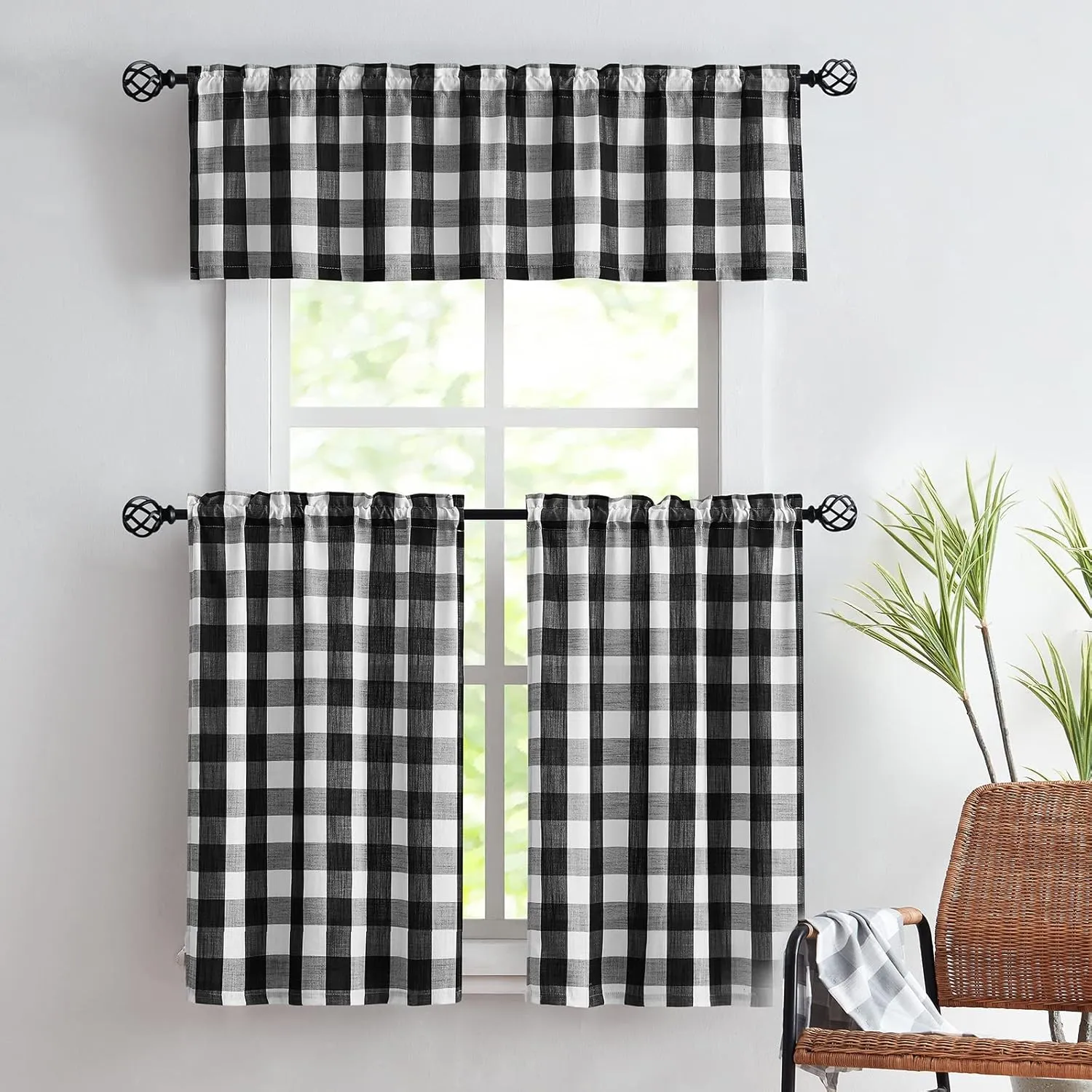Treatmentex Black-White Buffalo Plaid Kitchen Curtains 24inch Small Tier Curtains Semi Sheer Café Curtain Set for Basement Laundry Windows Over Sink 27" Width x 2 Panels