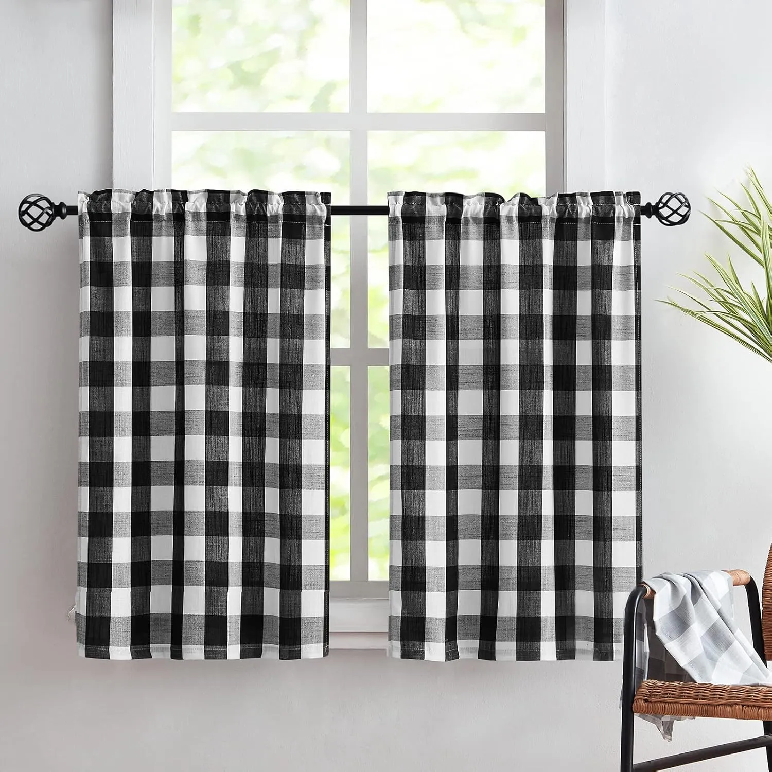 Treatmentex Black-White Buffalo Plaid Kitchen Curtains 24inch Small Tier Curtains Semi Sheer Café Curtain Set for Basement Laundry Windows Over Sink 27" Width x 2 Panels