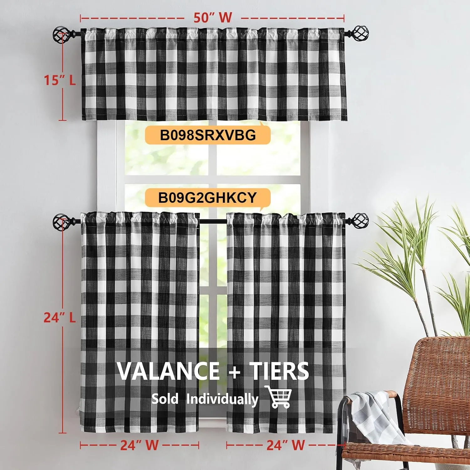 Treatmentex Black-White Buffalo Plaid Kitchen Curtains 24inch Small Tier Curtains Semi Sheer Café Curtain Set for Basement Laundry Windows Over Sink 27" Width x 2 Panels