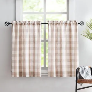 Treatmentex Plaid Country Kitchen Curtains 24inch Taupe Tier Curtain Set for Basement Laundry Small Windows Semi Sheer Bathroom Window Curtains 27" W x 2 Pcs