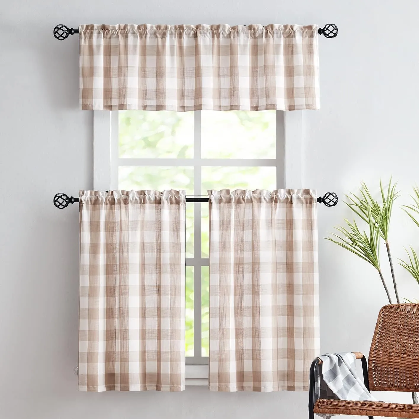 Treatmentex Plaid Country Kitchen Curtains 24inch Taupe Tier Curtain Set for Basement Laundry Small Windows Semi Sheer Bathroom Window Curtains 27" W x 2 Pcs