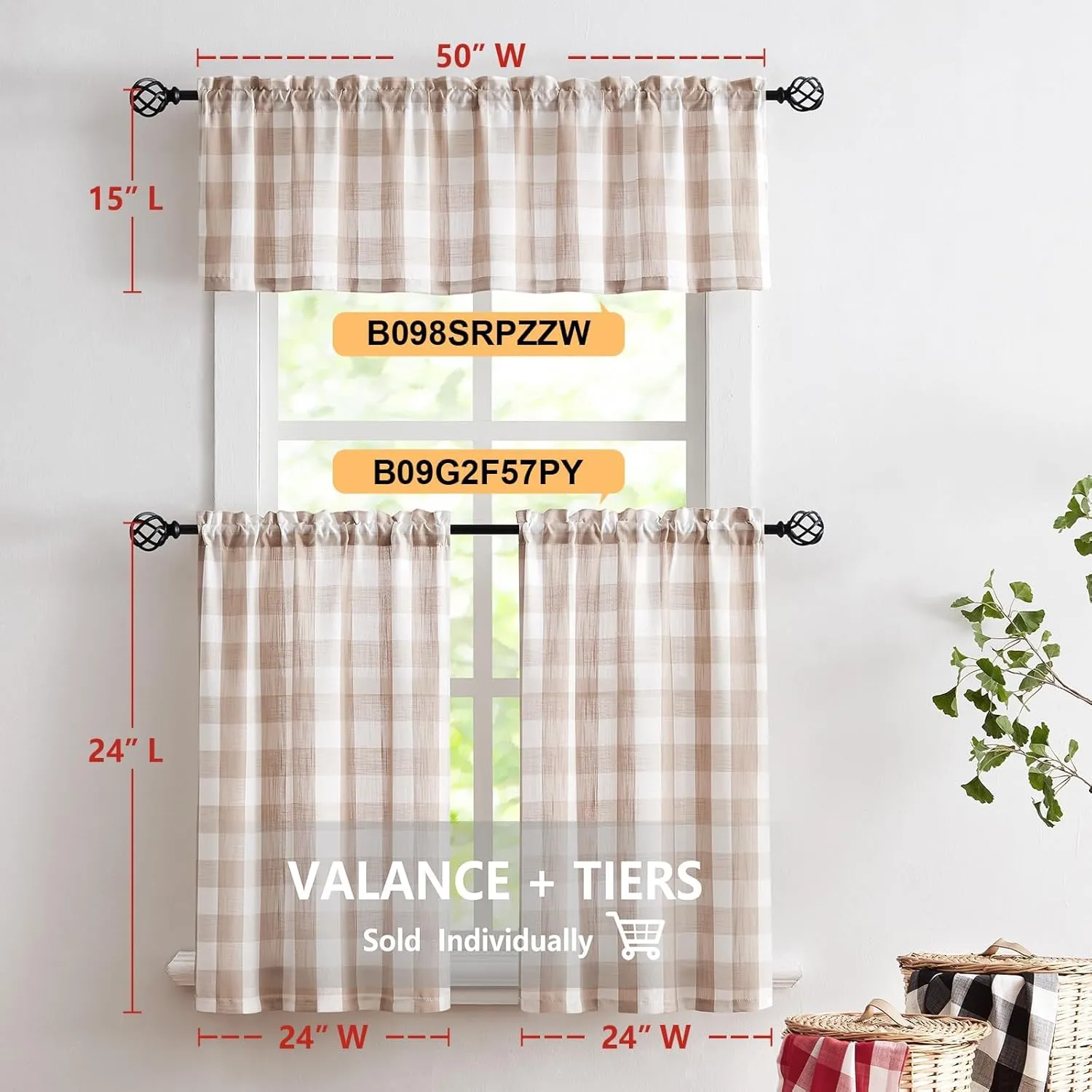 Treatmentex Plaid Country Kitchen Curtains 24inch Taupe Tier Curtain Set for Basement Laundry Small Windows Semi Sheer Bathroom Window Curtains 27" W x 2 Pcs