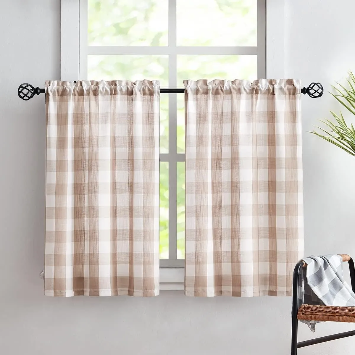 Treatmentex Plaid Country Kitchen Curtains 24inch Taupe Tier Curtain Set for Basement Laundry Small Windows Semi Sheer Bathroom Window Curtains 27" W x 2 Pcs