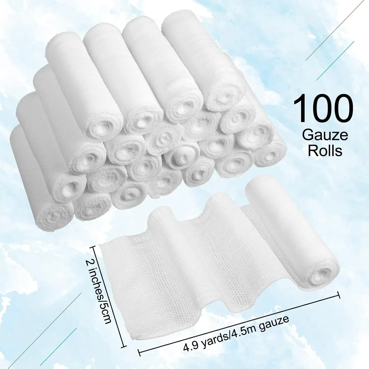 Treela 100 Rolls Gauze Bandage, 2 in x 5 Yards, Elastic Bandages Individual Packaging Sterile Non Latex First Aid Pads Medical Breathable Gauze Roll Wrap for Safety Wound Caring and Supplies