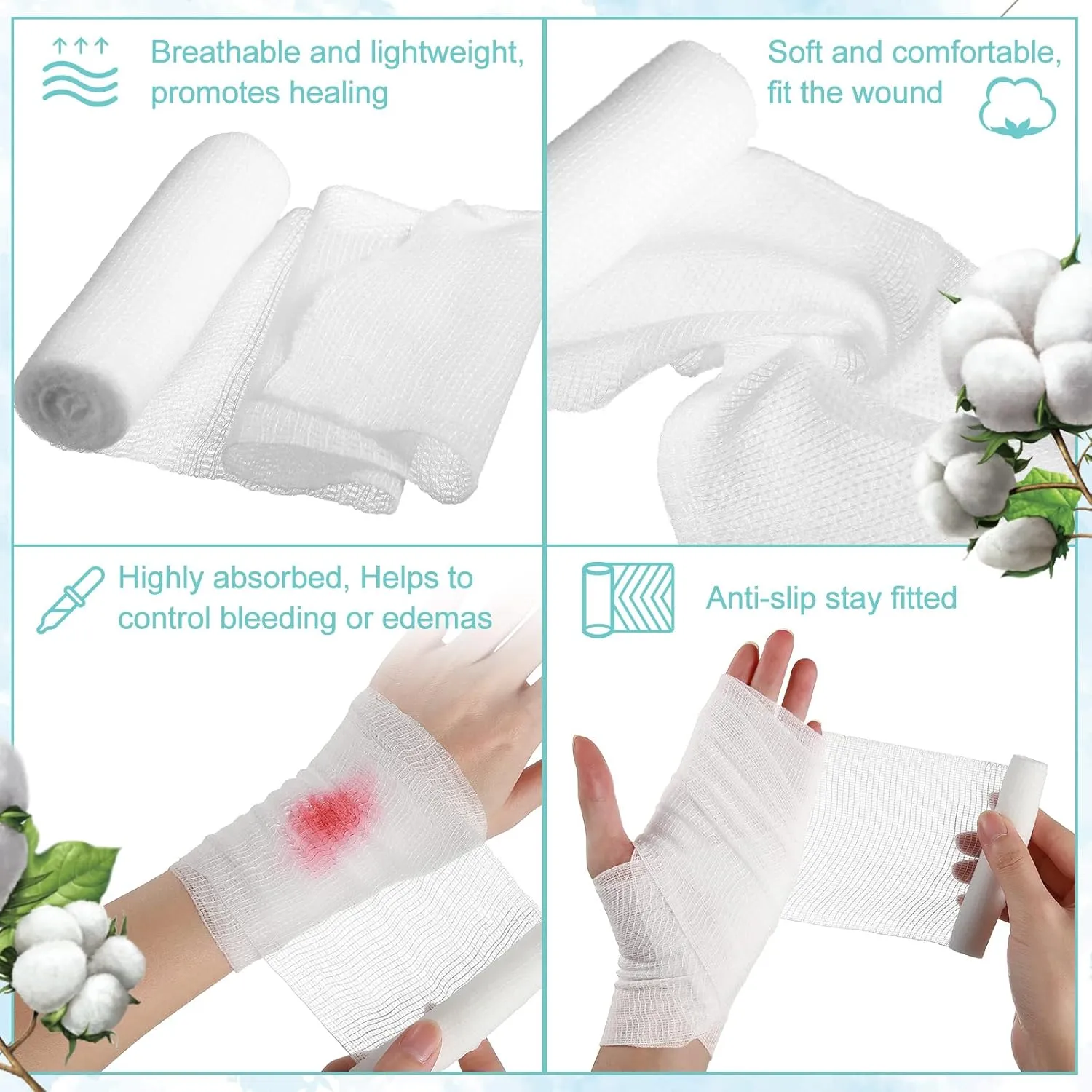 Treela 100 Rolls Gauze Bandage, 2 in x 5 Yards, Elastic Bandages Individual Packaging Sterile Non Latex First Aid Pads Medical Breathable Gauze Roll Wrap for Safety Wound Caring and Supplies